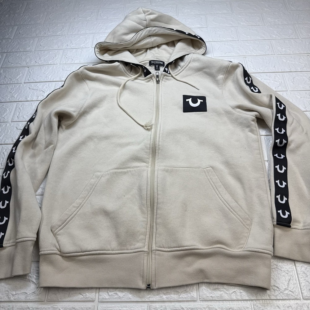 True Religion Mens Cream Zip Up Hoodie Logo Tape Medium